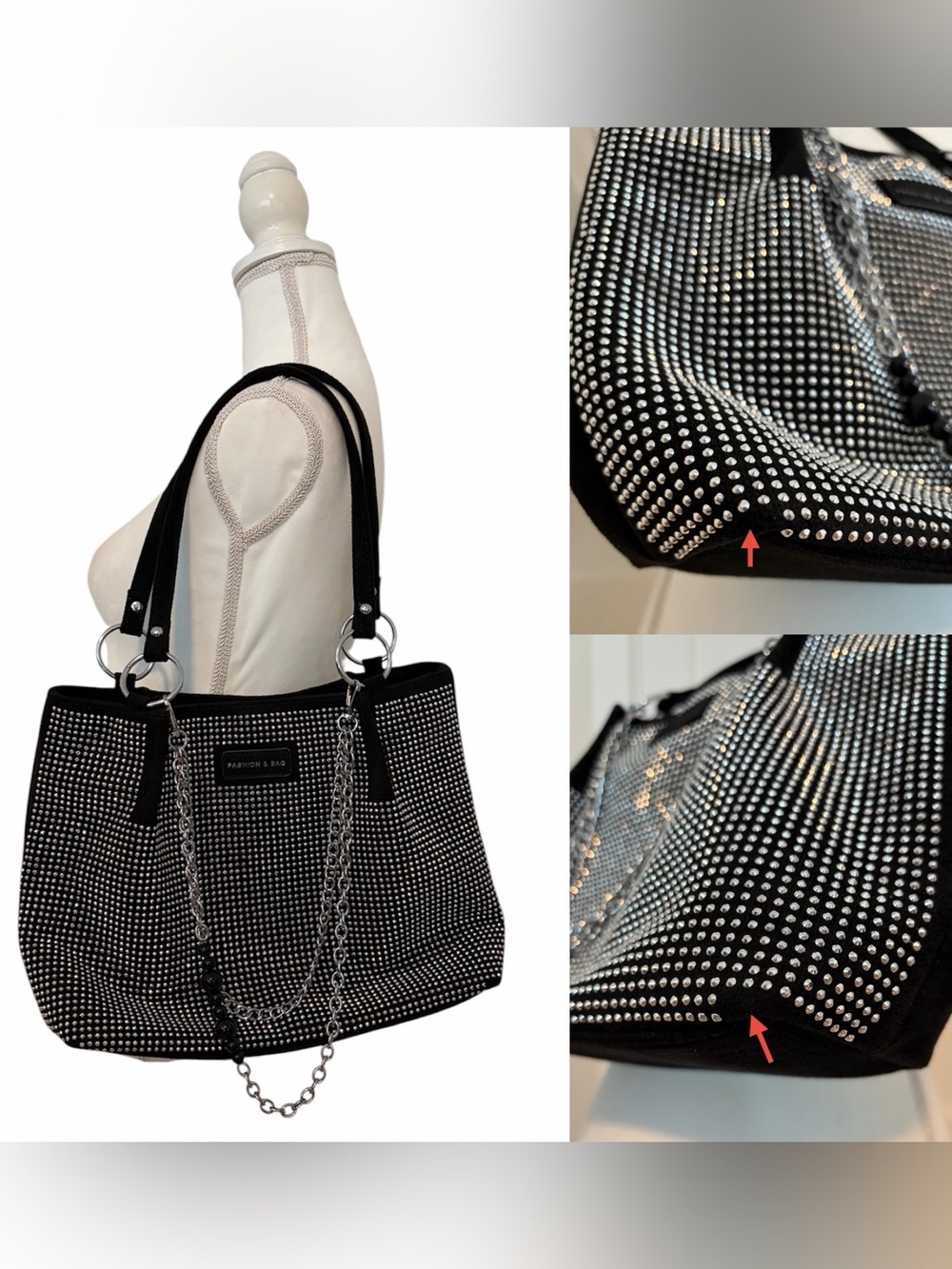 Silver Rhinestone Chain-Accent Over-the-Shoulder Medium Black Tote Bag
